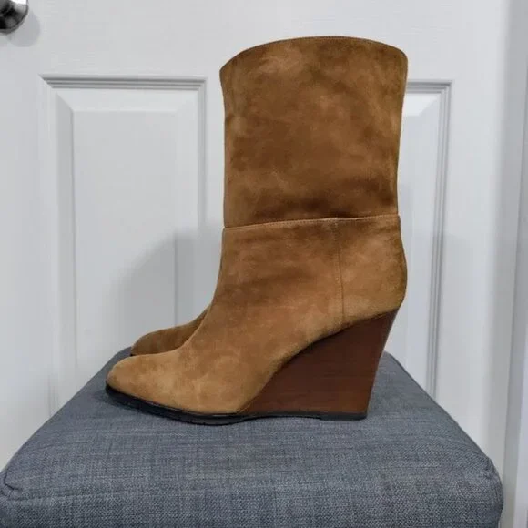 L.K Bennet London Zia Caramel Suede Leather Wedge Heel Ankle Boots Women's 9 - Picture 3 of 9